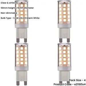 4 PACK Clear & White 3.5W G9 SMD LED Light Bulb - Non-dimmable Warm White - 400lm 3000k