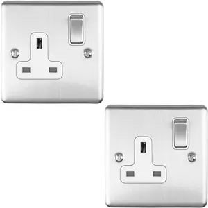 2 PACK 1 Gang Single UK Plug Socket SATIN STEEL 13A Switched White Trim Plate