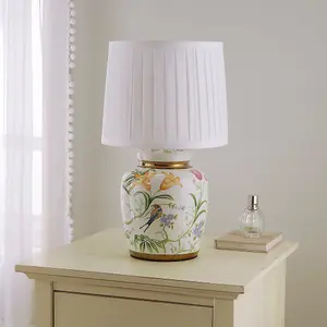 Traditional Ceramic Floral Table Lamp with White Pleated Shade 44cm Table Lamp