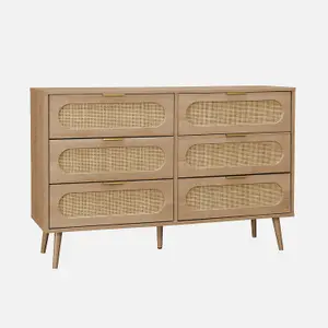 sweeek. Wood and rounded cane chest of drawers 6 drawers Eva Natural 120x39x79 cm