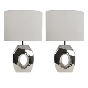 First Choice Lighting Set of 2 Sculptured Metallic Ceramic 38cm Table Lamps with White Fabric Shades