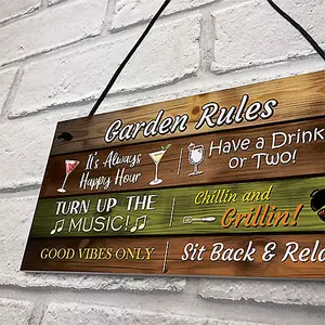 Red Ocean Garden Rules Hanging Wall Sign - Garden Bar Signs For Home Bar - Novelty Garden Decor Shed Plaques