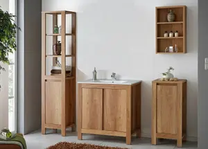 Bathroom Furniture Set: Freestanding 800 Vanity Sink Cabinet with Tallboy & Wall Unit Oak Effect Classic