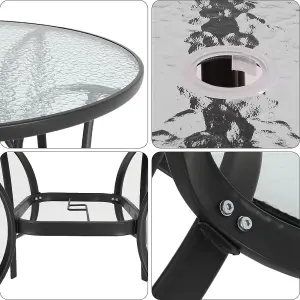 Black Round Tempered Glass Tabletop Metal Outdoor Garden Coffee Table with Parasol Hole 105cm