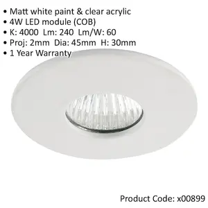 Mini Recessed Downlight Fixture - 4W Cool White COB LED Driver - Matt White