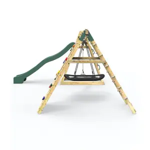 Rebo Wooden Pyramid Climbing Frame with Swings and 8.7ft Water Slide - Horseshoe