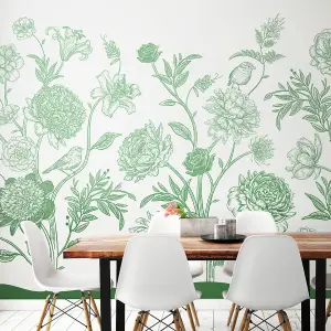 Origin Murals Jacobean Rose Trail - Forest Green Matt Smooth Paste the Wall Mural 300cm wide x 240cm high