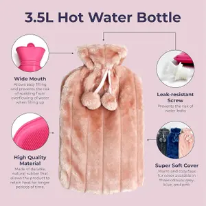 3.5L XX Large Hot Water Bottle - Pink Faux Fur Covered Pain Relief & Hand/Foot Warmer - Soft, Washable, Hot & Cold Compress