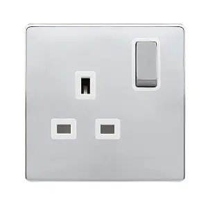 Polished Chrome Screwless Plate 1 Gang 13A DP Ingot Switched Plug Socket - White Trim - SE Home