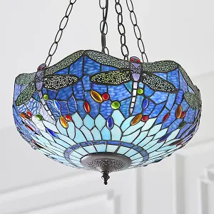 Luminosa Dragonfly Tiffany 3 Light Medium Inverted Ceiling Pendant Bronze, Blue