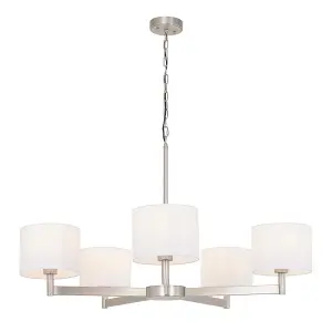 Matt Nickel Multi Arm Ceiling Pendant Light & White Shades 5 Bulb Hanging