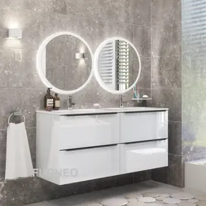 Furneo Bathroom Vanity Unit Floating Storage Basin Gloss White 4-Drawer 120cm With Matt Black Handle