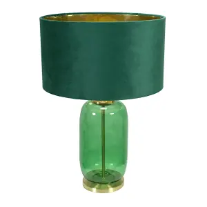 ValueLights Leigh Forest Green and Gold Glass Table Lamp with Green Velvet and Gold Inner Shade with LED Bulb