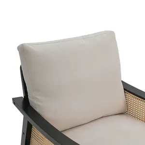 Beige Modern Accent Armchair with Wood Frame Upholstered Rattan Arms Chair for Living Room Bedroom