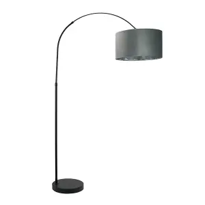 ValueLights Louis Black Arched Floor Lamp with Grey Velvet and Chrome Inner Shade and Bulb