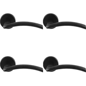 4 PACK - PAIR Matt Black Door Handle Flat Arched Style Lever on Round Rose Concealed Fix