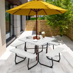 Costway 8 person Square Picnic Table Bench Set Outdoor Circular Table W/ 4 Benches & Umbrella Hole, White