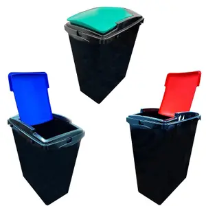 Set of 3 - Blue Green & Red Lid 40 Litre Black Plastic Recycling Bins With Colour Coded Swing Lids