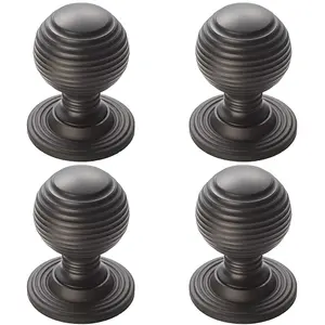 4 PACK - Reeded Ball Door Knob - 23mm Matt Black Lined Cupboard Pull Handle & Rose