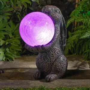 Solar Powered LED Hare Garden Ornament - Hand Painted Polyresin Sculpture with Light Up Crackle Glass Ball - H33 x W15 x D25cm