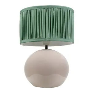 ValueLights Bosco Stone Ceramic Table Lamp with Ruched Pleated Green Fabric Drum Lamp Shade and LED Bulb