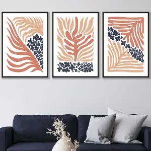 Set of 3 Framed Framed Blue and Pink Boho Abstract Floral / 50x70cm / Black