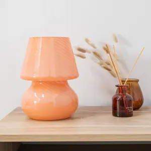 ValueLights Beau Pin Stripe Peach Glass Table Lamp with Tapered Lampshade Bedside Light - Bulb Included