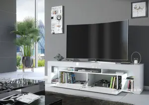 Furneo White TV Stand 200cm Cabinet Unit Matt & High Gloss Milano06 White LED Lights