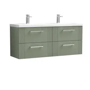 Retro 4 Drawer Wall Hung Vanity Unit with Double Ceramic Basin - 1200mm - Satin Green - Balterley