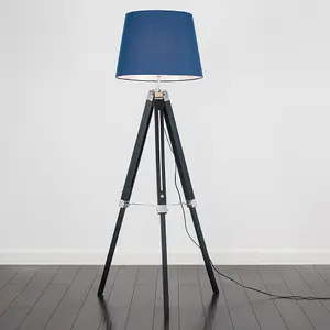 ValueLights Clipper Black Wood and Silver Chrome Tripod Floor Lamp with Navy Blue Tapered Light Shade with 6w LED GLS Bulb