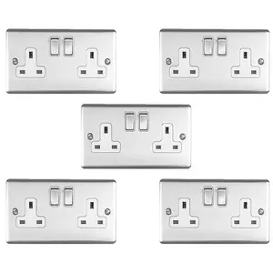 5 PACK 2 Gang Double UK Plug Socket SATIN STEEL & White 13A Switched Outlet