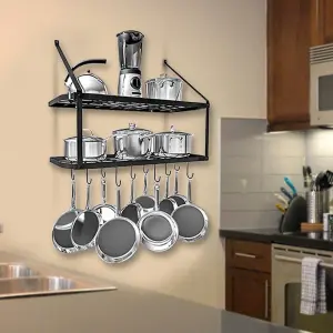 2 Tiers Metal Kitchen Storage Shelves Kitchen Organizer Saucepan Pan Pot Rack with 10 Hooks Wall Mounted