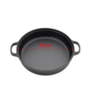 Black Round Pre Seasoned Cast Iron Frying Pan Kitchen Skillet with Double Handles Dia 35cm