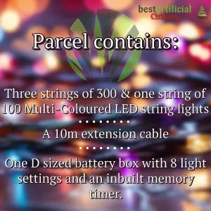 Multi-Coloured with Black Cable Connectable Outdoor Garden Party Waterproof LED String Lights (1000 LED's (100m), Battery Box)