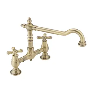 ENKI, Langley, KT116, Antique Brass, Traditional Bridge Kitchen Sink Mixer Tap for Basin, Brass Construction, with Twin Levers