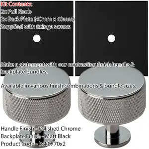 2 PACK - Cabinet Door Knob & Contrasting Backplate Set - Knurled Kitchen Pull - Polished Chrome & Black