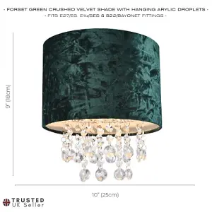 Modern Forest Green Crushed Velvet Pendant Shade with Clear Acrylic Droplets