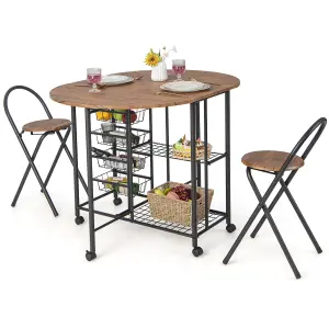 Costway 3 PCS Folding Dining Table & Chair Set Drop Leaf Table w/ Storage Shelves