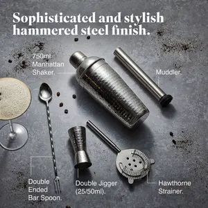 VonShef Cocktail Shaker Set, Silver 5pc Set with Manhattan Cocktail Shaker, Bartender Kit with Strainer, Muddler, Gift Box & More