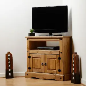 Corona Corner 2 Drawer TV Unit in Distressed Waxed Pine