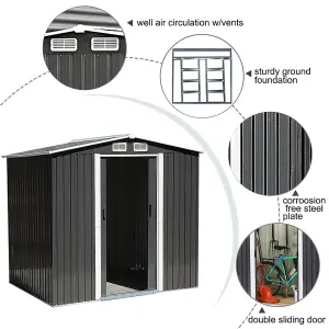 10 x 8 ft Metal Shed Garden Storage Shed Apex Roof Double Door with Base Foundation, Charcoal Black