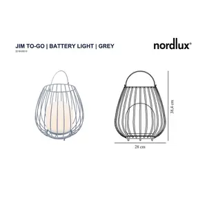 Nordlux Jim To-Go Outdoor Patio Terrace Metal Battery Powered Dimmable LED Light in Grey (H) 30.3cm