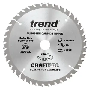 Trend CSB/16540T TCT Thin Kerf Plunge Saw Blade 165mm X 40 Tooth X 20mm Bore