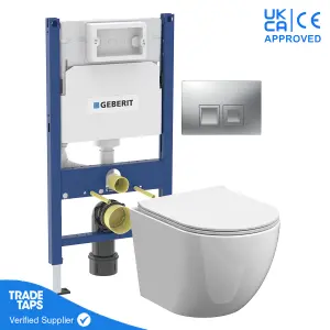 White Wall Hung Toilet Rimless Pan with Geberit Concealed Cistern Frame 98cm & Delta35 Matt Chrome Flush Plate