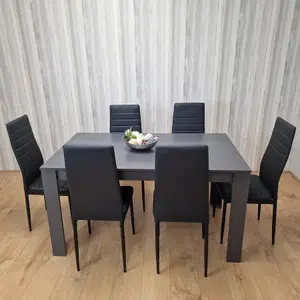 Dining Table and 6 Chairs  Black Dark Grey 6 Black Leather Chairs Wood Dining Set Furniture