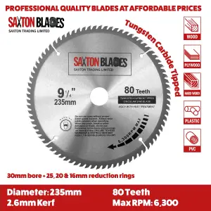 Saxton TCT23580T TCT Circular Saw Blade 235mm x 80T x 30mm Bore + 16, 20 and 25mm Reduction Rings