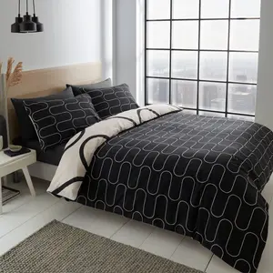 Linear Curve Geometric Reversible Duvet Cover Set with Pillowcases Black / Double Duvet Cover + 2 Standard Pillowcases