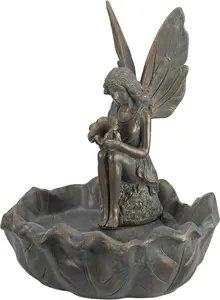 Vintage Fairy Water Fountain - Solar Powered Bronze Patina Winged Fairy Colour Water Feature