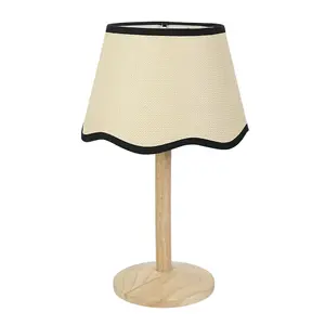 ValueLights Triston Natural Light Wood Stem Table Lamp with Scallop Black Trim Tapered Lamp Shade and LED Bulb