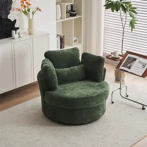 Chenille Swivel Armchair with 3 Back Cushion Pillow Ottoman Crescent Stool, Green